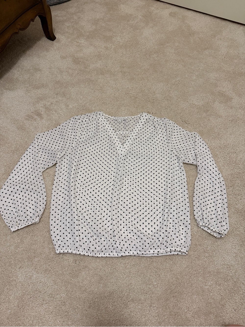 Chaus White V-Neck Long Sleeve Top with Black Polka Dots